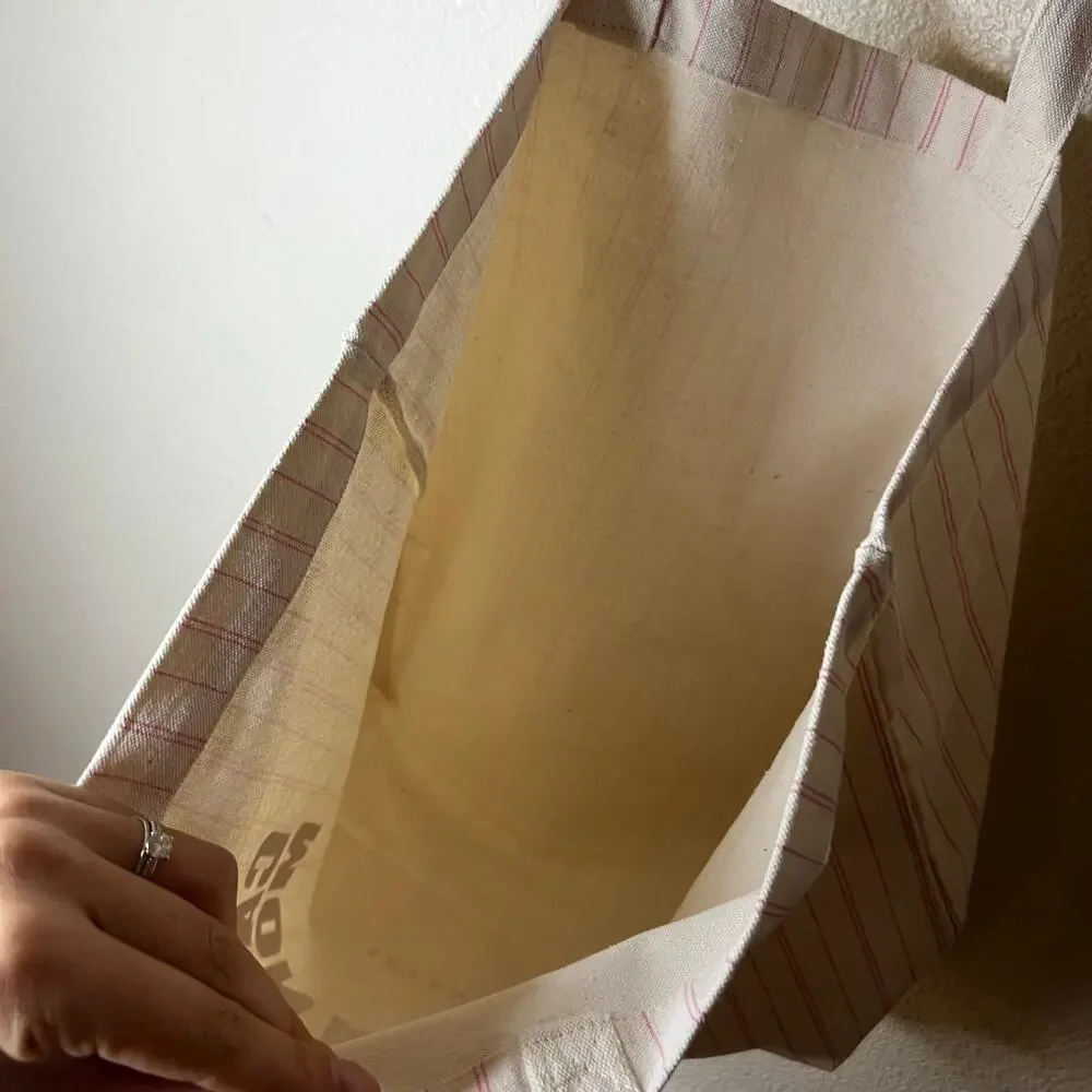Sezane cream red California Mon Amour striped canvas tote bag